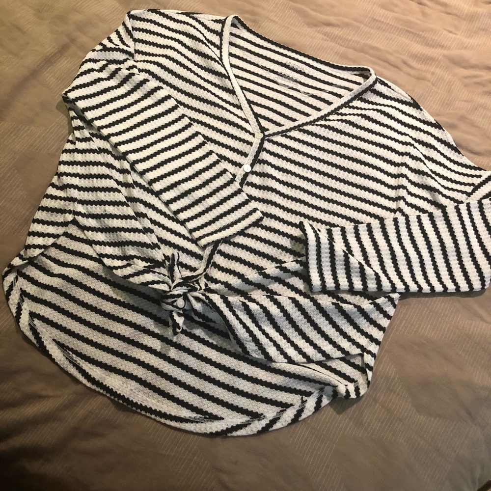 Black and white striped waffle knit thermal